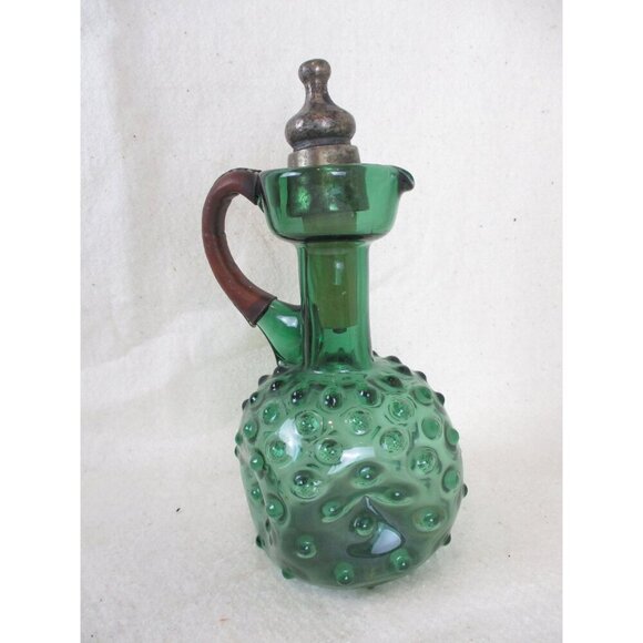 Knob Style Decanter Pitcher stopper‎ medium Midcentury cruet green glass caster - Picture 2 of 7
